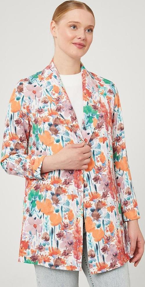 Oranj Çiçek Desenli Keten  Ceket