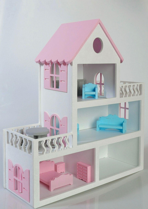 Pembe Boyalı Ahşap Evcilik Bebek Evi Oyuncak (15 Adet Mobilya Hediyeli)