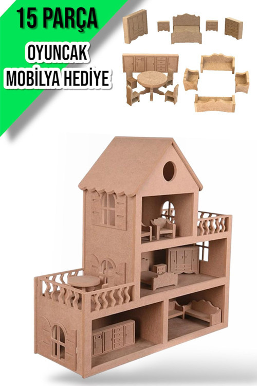 Boyanabilir Ahşap Bebek Evi Oyuncak (15 Parça Mobilya Hediye)