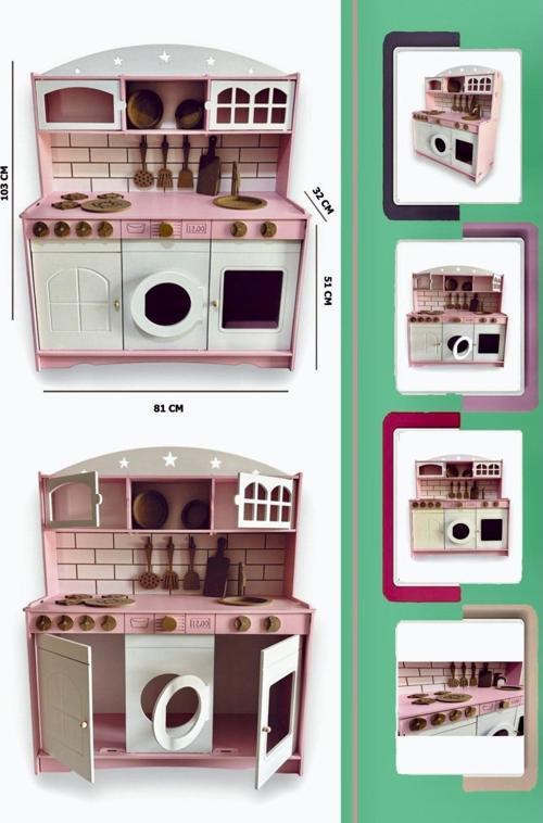 Boyalı Pembe  Ahşap Oyuncak Mutfak (Tabak Ve Spatula Seti )