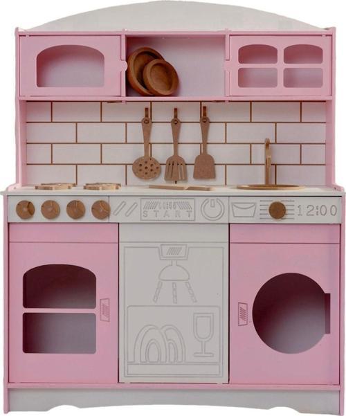 Boyalı Pembe Ahşap Oyuncak Bulaşık Makine Detaylı Mutfak (Tabak Ve Spatula Seti Hediye)