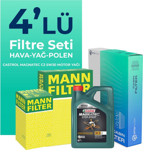 MANN Peugeot 206+ 1.4 Benzin Filtre Bakım Seti Castrol Motor Yağlı (2010-2013) 4 Lü
