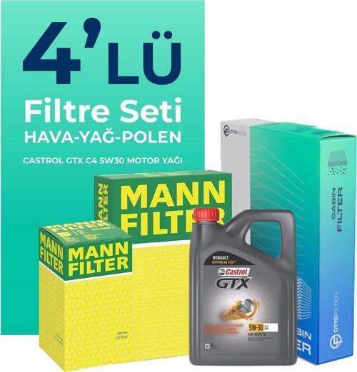 MANN Renault Megane 1.4 Benzin Turbo Filtre Bakım Seti Castrol Motor Yağlı (2009-2012) 4 Lü