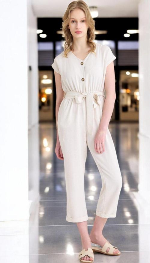 Yazlık V Yaka Kolsuz Keten Takım