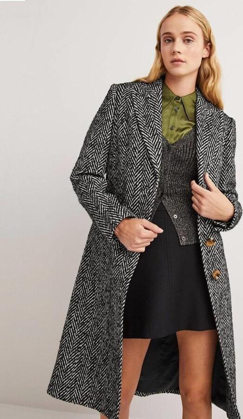 Balık Sırtı Desenli Kaşe Kaşmir Kaban Polar astarlı