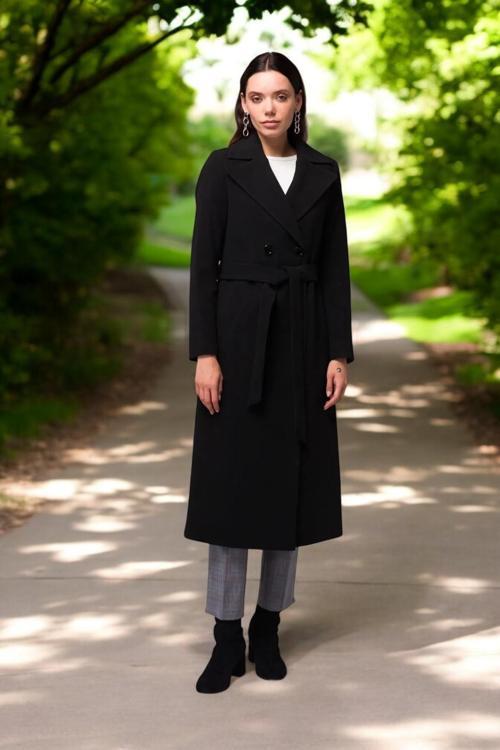 Kışlık Düğme Detaylı Kaşmir Kadın Kaşe Kaban