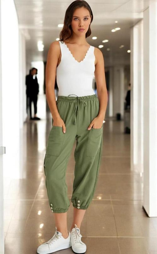 Beli Lastikli Düğme Detaylı Keten pantolon