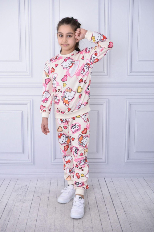 Yeni Sezon Hello Kitty Baskılı Şardonlu Uzun Kollu Altüst İkili Takım Çocuk Giyim
