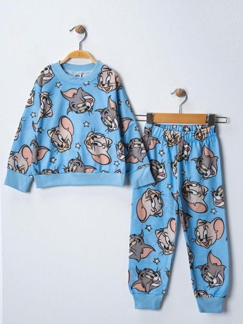 Uzun Kollu Tom Ve Jerry Mavi Renk Baskılı Çocuk Alt Üst Eşofman Takımı
