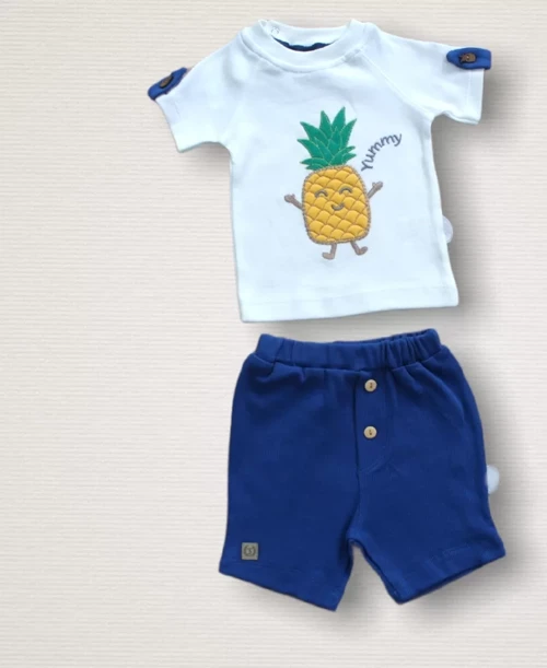 6-9 9-12 12-18 Ay Ananas Nakışlı Kısa Kollu Sweatli Şortlu 2li Kız-erkek Bebek Takımı