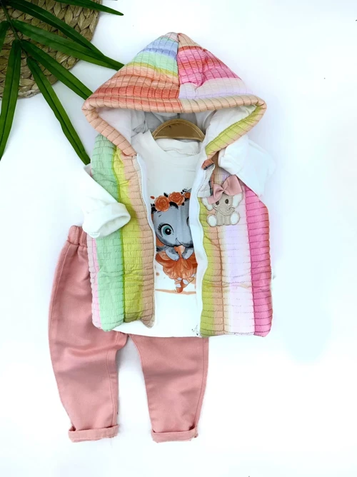 9-12-18-24 Ay Kapşonlu Fermuarlı Gökkuşağı Şişme Yelek Sweat Pantolonlu 3lü Kız Erkek Bebek Takımı