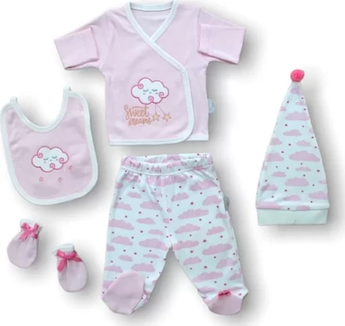 Uykucu Bulut Nakışlı %100 Cotton Antibakteriyel 5li Zıbın Takımı Hastane Çıkışı