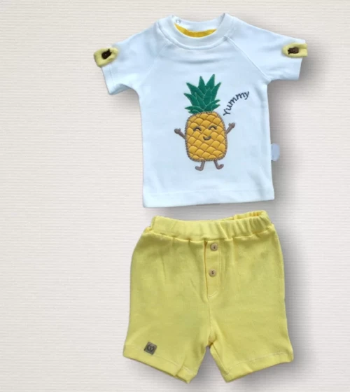 6-9 9-12 12-18 Ay Ananas Nakışlı Kısa Kollu Sweatli Şortlu 2li Kız-erkek Bebek Takımı