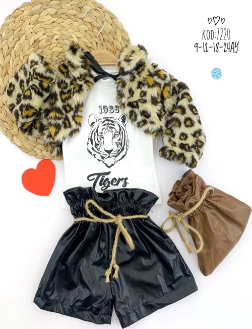 9-12-18-24 Ay Leopar Desenli Bolerolu Deri Şortlu 3lü Kız Bebek Takımı
