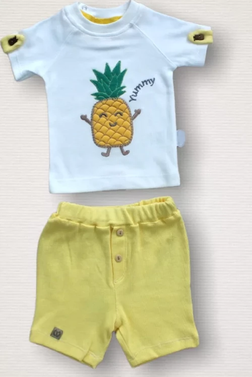 6-9 9-12 12-18 Ay Ananas Nakışlı Kısa Kollu Sweatli Şortlu 2li Kız-erkek Bebek Takımı