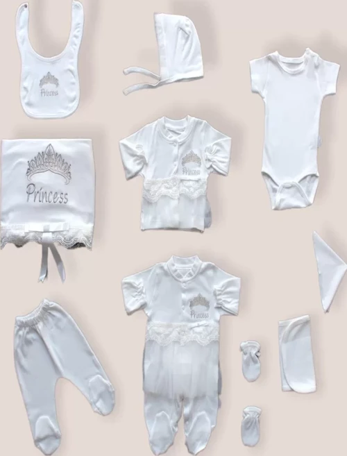 Taçlı Prensesim Nakışlı %100 Cotton Antibakteriyel 10lu Zıbın Takımı Hastane Çıkışı