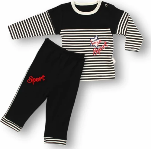 6-9 9-12 12-18 18-24 24-36 Ay Sport Baskılı Çizgili Uzun Kollu Sweatli 2li Erkek Bebek Takımı