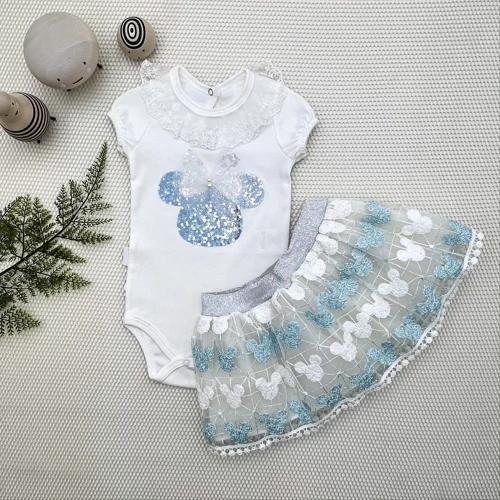 1-2-3 Yaş Payetli Mickey Nakışlı Kısa Kollu Brode Etekli 2li Kız Bebek Takımı
