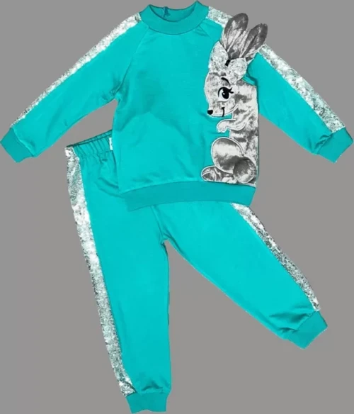 1-2-3 Yaş Payetli Pelüş Tavşan Desenli Likra Penye Kumaş Sweat Pantolonlu Kız 2li Çocuk Takımı