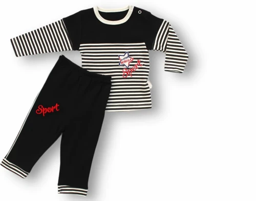6-9 9-12 12-18 18-24 24-36 Ay Sport Baskılı Çizgili Uzun Kollu Sweatli 2li Erkek Bebek Takımı