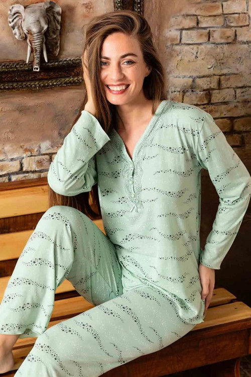 Kadın Bambu V Yaka Uzun Kol İnce Pijama Takımı 4397 - 1 Adet XL-Yeşil