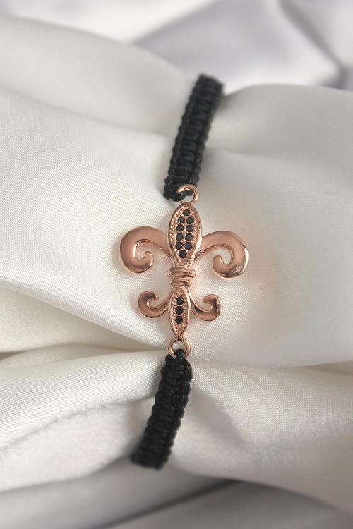 Pirinç Rose Renk Zirkon Taş İşlemeli Zambak Figür Asansörlü Makrome Model Kadın Bileklik - EBJ250301W31663