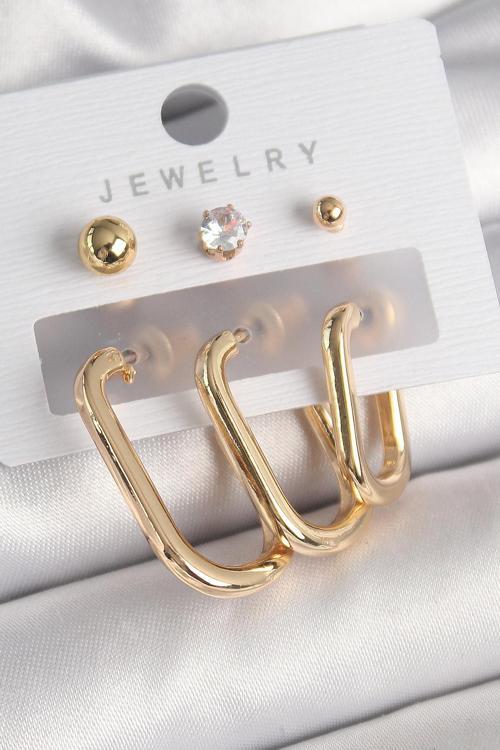 Pirinç Gold Renk Halka Model Zirkon Taş Topçuk Detay Kadın Küpe Seti - EBJ250301W31587