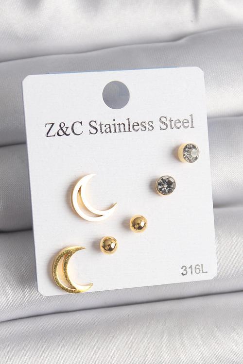 Gold Renk Zirkon Taşlı Hilal Model Kadın Küpe Seti - EBJ250118W30646