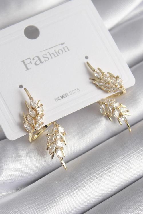 Gold Renk Zirkon Taşlı Yaprak Model Kadın Küpe - EBJ241206W29726