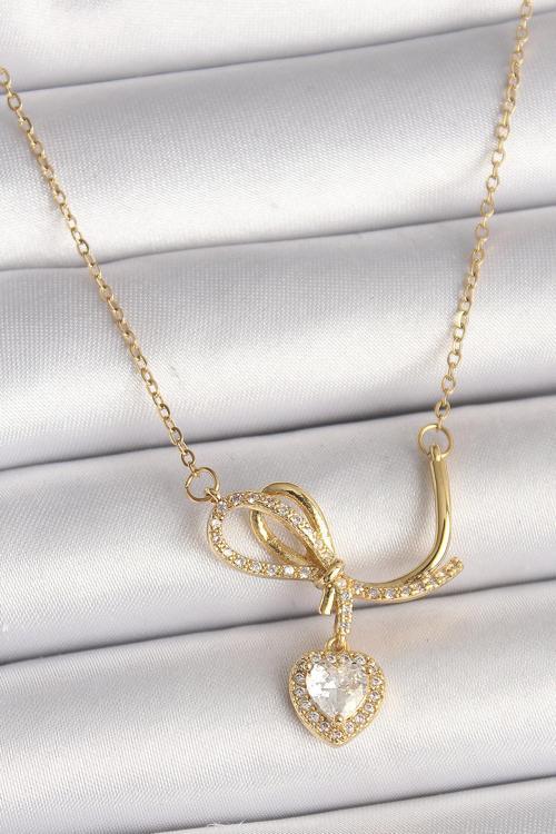 Gold Renk Zincir Zirkon Taşlı Düğüm Sallantı Kalp Model Kadın Kolye - EBJ250301W31351