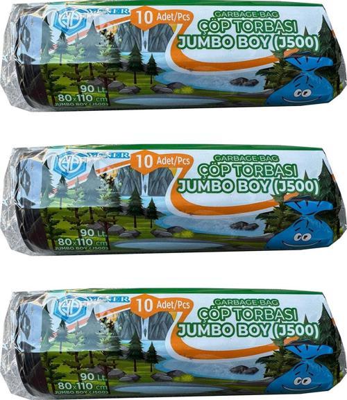 Endüstriyel Jumbo Çöp Torbası Poşeti - 2 Kat - Siyah - 500 Gr. - 80x110 Cm. -10 Adetlik 3 Rulo
