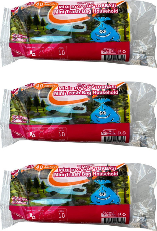 Mini Küçük Boy Çöp Torbası Poşeti - 2 Kat - Beyaz - 10 Litre - 40x50 Cm. - 40 Adetlik 3 Rulo