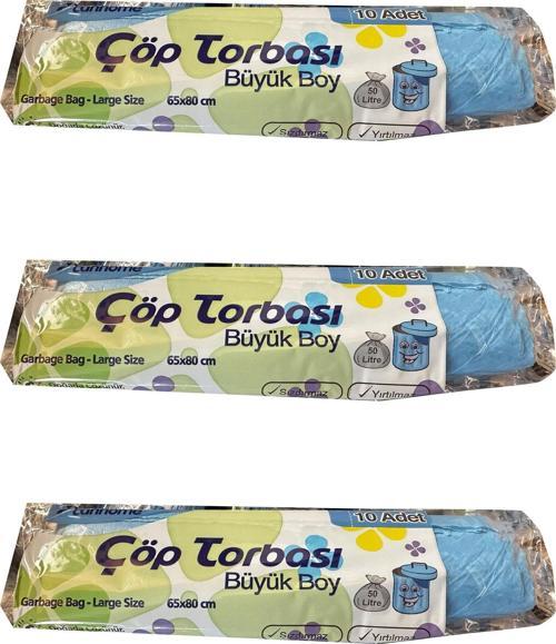 Mavi Büyük Boy Battal 65x80 Cm. 30 Litre Çöp Torbası Poşeti - 10 Adetlik 3 Rulo
