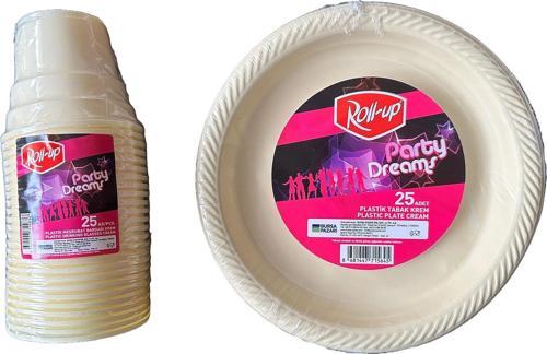 Ofis Catering Piknik Davet Doğum Günü Omeyva Sofra Seti - 25 Kişilik Krem Tabak Bardak Takımı