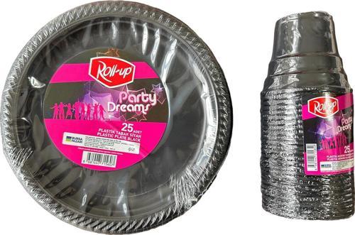 Ofis Catering Piknik Davet Doğum Günü Omeyva Sofra Seti - 25 Kişilik Siyah Tabak Bardak Takımı