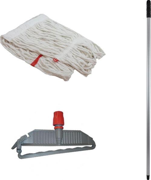 Geniş Yedek Islak Paspas Mop Takımı - Beyaz -Pamuklu -25 Cm. -320 Gr. -Mop + Metal Sap + Mop Tutucu