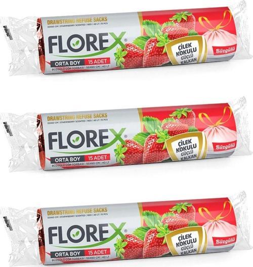 40 Litre Büzgülü Çilek Kokulu Çöp Torbası Poşeti / 55 x 60 Cm. - 10 Adetlik 3 Rulo