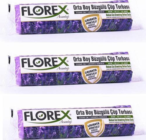 40 Litre Büzgülü Lavanta Kokulu Çöp Torbası Poşeti / 55 x 60 Cm. - 10 Adetlik 3 Rulo