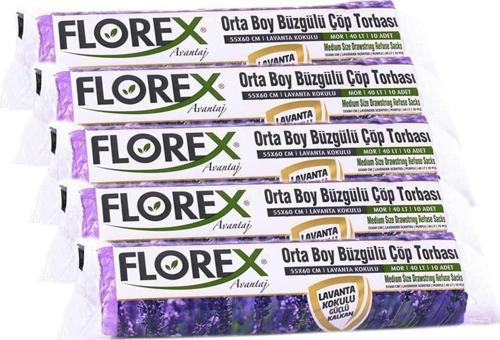 40 Litre Büzgülü Lavanta Kokulu Çöp Torbası Poşeti / 55 x 60 Cm. - 10 Adetlik 5 Rulo