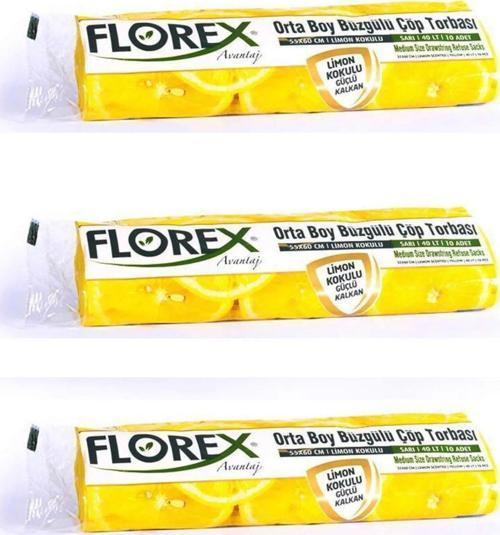 40 Litre Büzgülü Limon Kokulu Sarı Çöp Torbası Poşeti / 55 x 60 Cm. - 10 Adetlik 3 Rulo