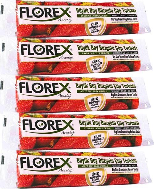 60 Litre Büzgülü Çilek Kokulu Çöp Torbası Poşeti / 65 x 70 Cm. - 10x5 Rulo / Paket