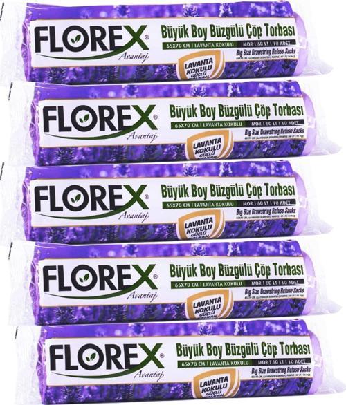 60 Litre Büzgülü Lavanta Kokulu Çöp Torbası Poşeti / 65 x 70 Cm. - 10x5 Rulo / Paket
