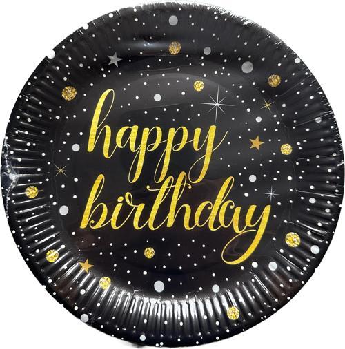 Doğum Günü Işıltılı Siyah Happy Bithday Yazılı Karton Tabak - 22 Cm. - 8 Adetlik 1 Paket