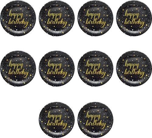 Doğum Günü Işıltılı Siyah Happy Bithday Yazılı Karton Tabak - 22 Cm. - 8 Adetlik 10 Paket