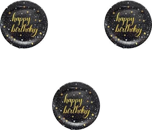 Doğum Günü Işıltılı Siyah Happy Bithday Yazılı Karton Tabak - 22 Cm. - 8 Adetlik 3 Paket