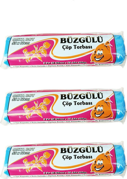 Büzgülü Mavi Orta Boy 55x60 Cm. Çöp Torbası Poşeti - 15 Adetlik 3 Rulo
