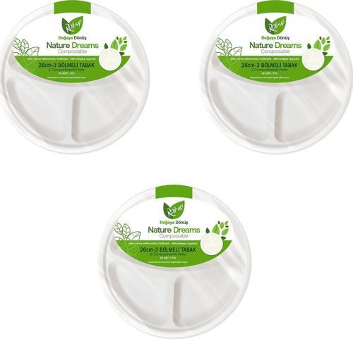 Nature Ekolojik Karton Kağıt Tek Kullanımlık 3 Bölmeli Tabak - 26 Cm. - 50 Adetlik 3 Paket