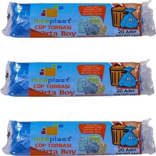 Mavi Orta Boy 55x60 Cm. 30 Litre Çöp Torbası Poşeti - 20 Adetlik 3 Rulo