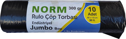 Endüstriyel Jumbo Çöp Torbası Poşeti - 2 Kat - Siyah - 300 Gr. - 90 Lt. - 80 x 110 Cm. / 1 Rulo