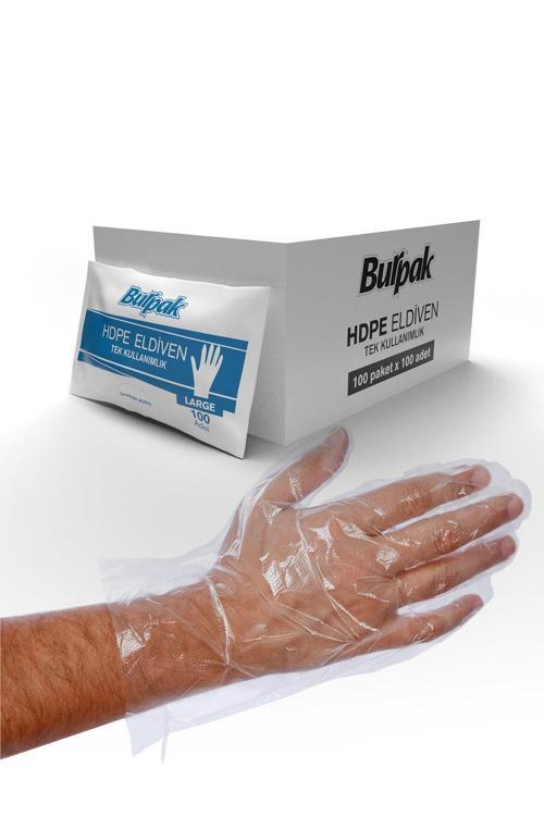 HDPE İş Temizlik Tek Kullanımlık Şeffaf Eldiven / Büyük Boy / 100 Adetlik 100 Paket - Koli